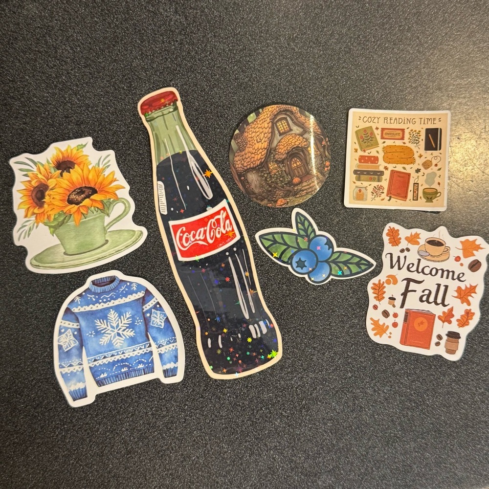 7 Sticker Bundle Pack - Blueberries, Coca Cola, Fall, Winter, Reading, Flowers
